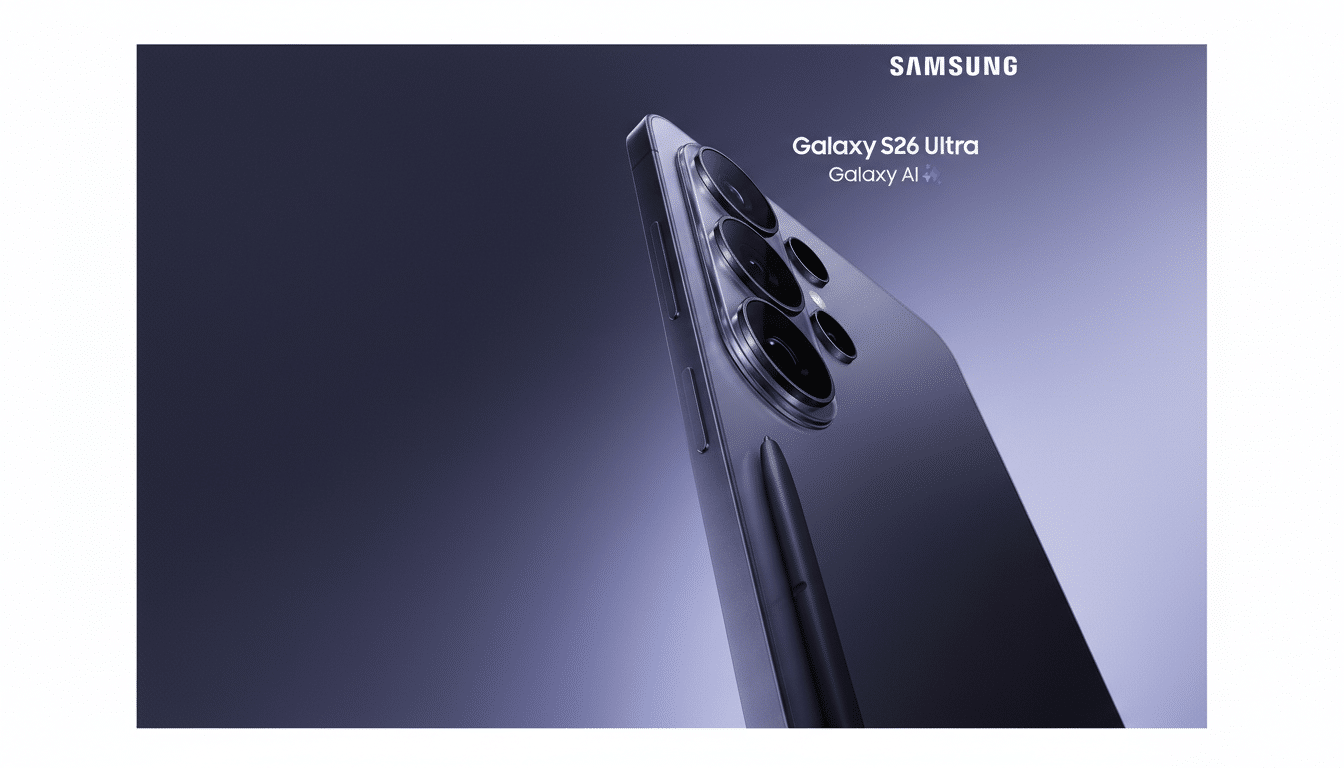 A Samsung Galaxy S26 Ultra phone in a purple hue, with its S Pen stylus, presented on a professional gradient background.