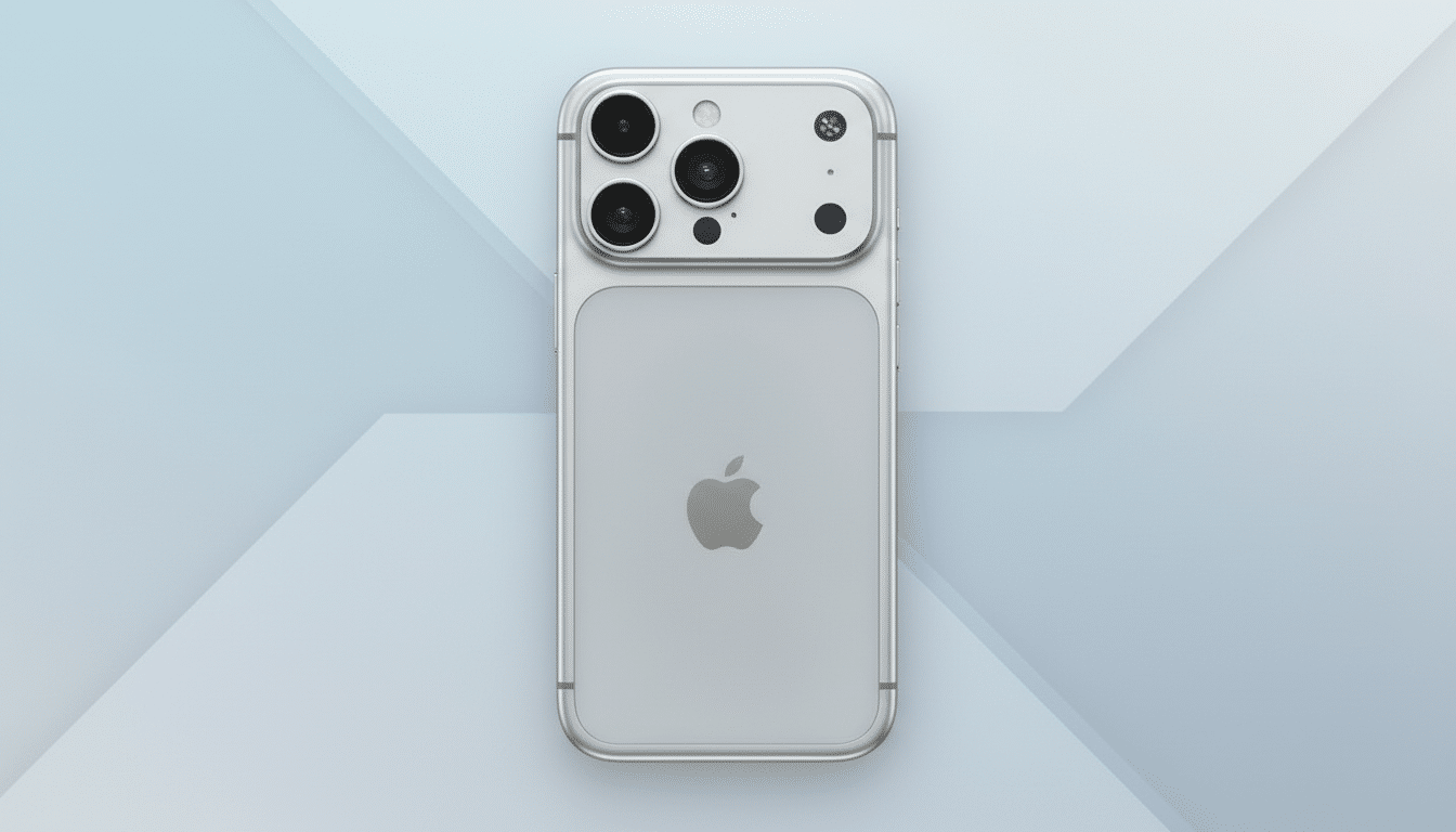 A silver smartphone with multiple cameras on a professional flat design background with soft patterns.