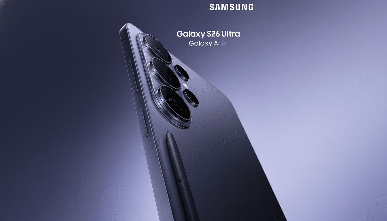 A Samsung Galaxy S26 Ultra phone in a purple hue, with its S Pen stylus, presented against a matching purple background. The Samsung logo and Galaxy S26 Ultra Galaxy AI text are visible at the top.