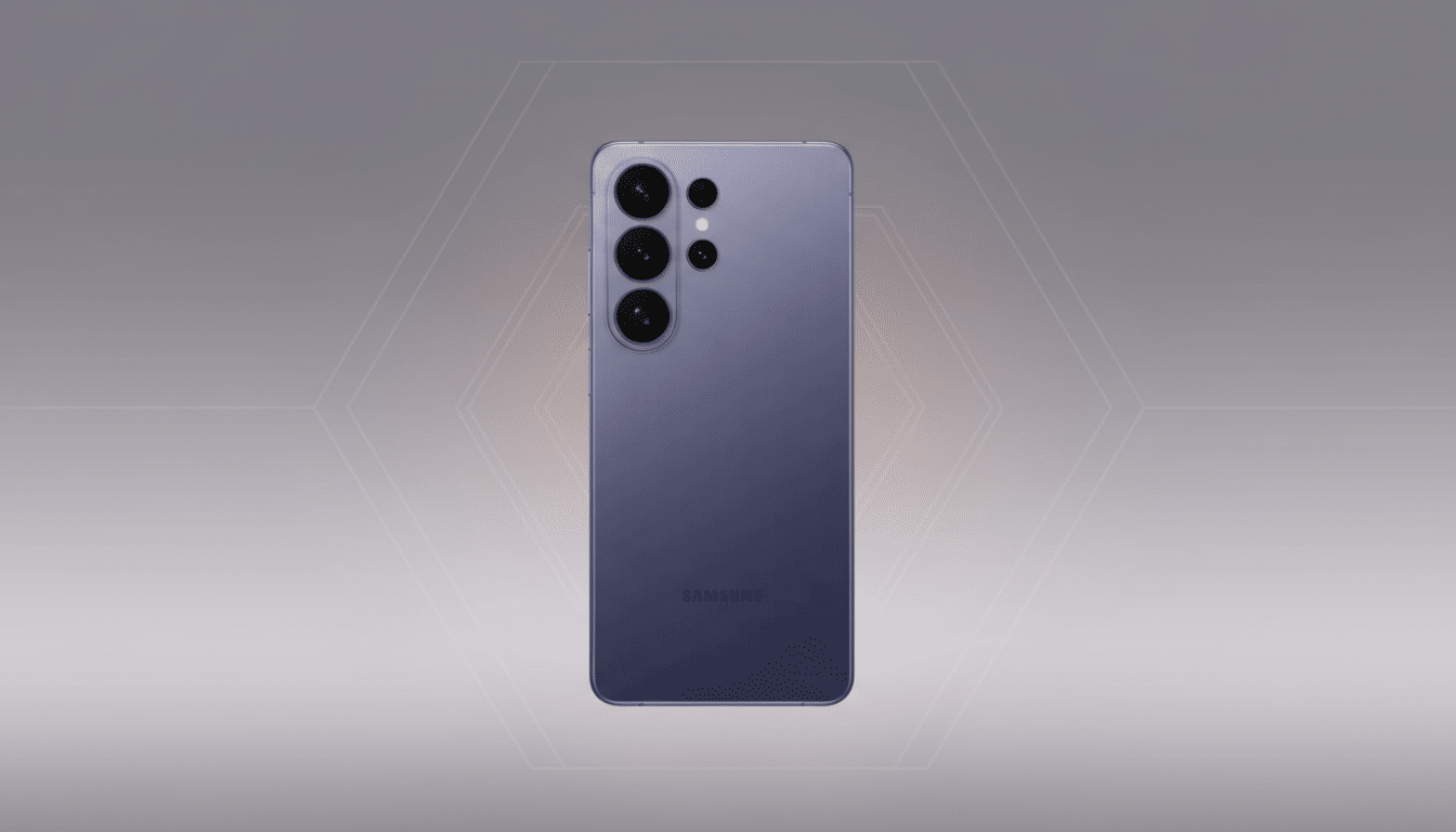 A Samsung smartphone in a professional 16:9 aspect ratio, featuring a clean, soft gradient background with subtle geometric patterns.