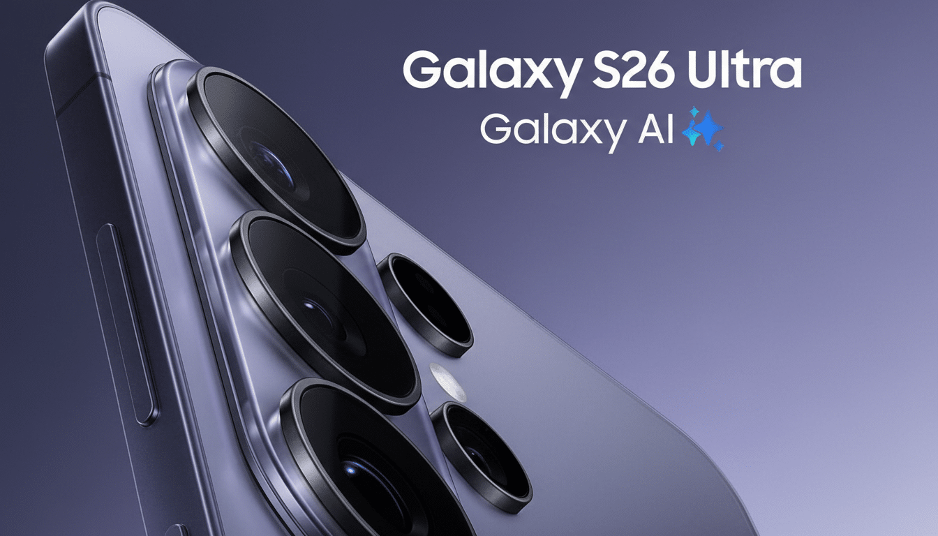 A close-up, professional shot of the back of a purple Samsung Galaxy S26 Ultra phone, showcasing its multiple camera lenses. The text Galaxy S26 Ultra and Galaxy AI are visible in white on a gradient purple background.