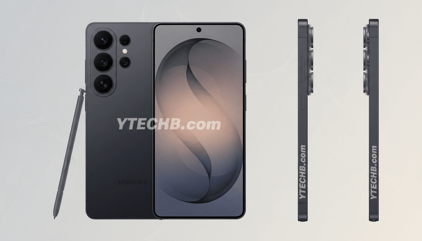 A dark gray smartphone with a stylus, shown from the front, back, and both sides, against a light gray gradient background.