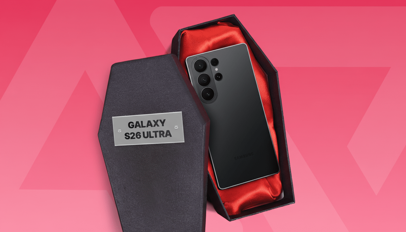 A black smartphone, labeled SAMSUNG, rests inside a miniature black coffin lined with red satin. The coffins lid, partially open, displays a silver plaque engraved with GALAXY S26 ULTRA. The background features a pink and red geometric pattern.
