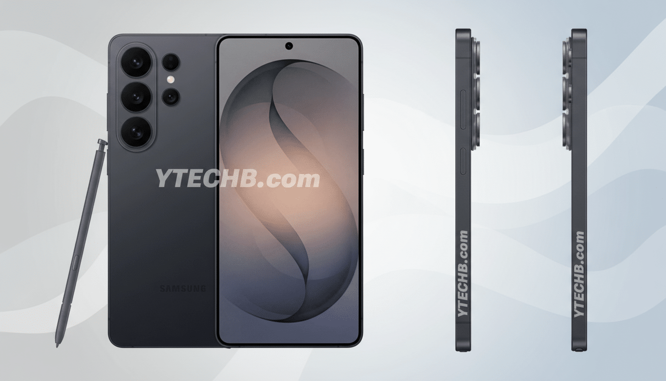 A professional 16:9 aspect ratio image of a dark gray Samsung smartphone with its stylus, shown from multiple angles against a subtle, light gray patterned background.