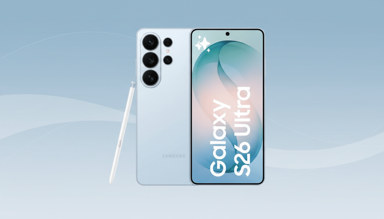 A light blue Samsung Galaxy S26 Ultra smartphone with its S Pen stylus, presented against a soft blue gradient background with subtle wave patterns.