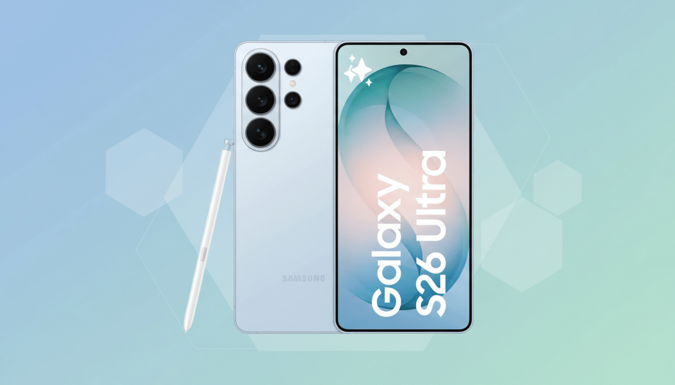 A light blue Samsung Galaxy S26 Ultra phone with its S Pen stylus, presented against a professional flat design background with soft blue and green gradients and subtle geometric patterns.