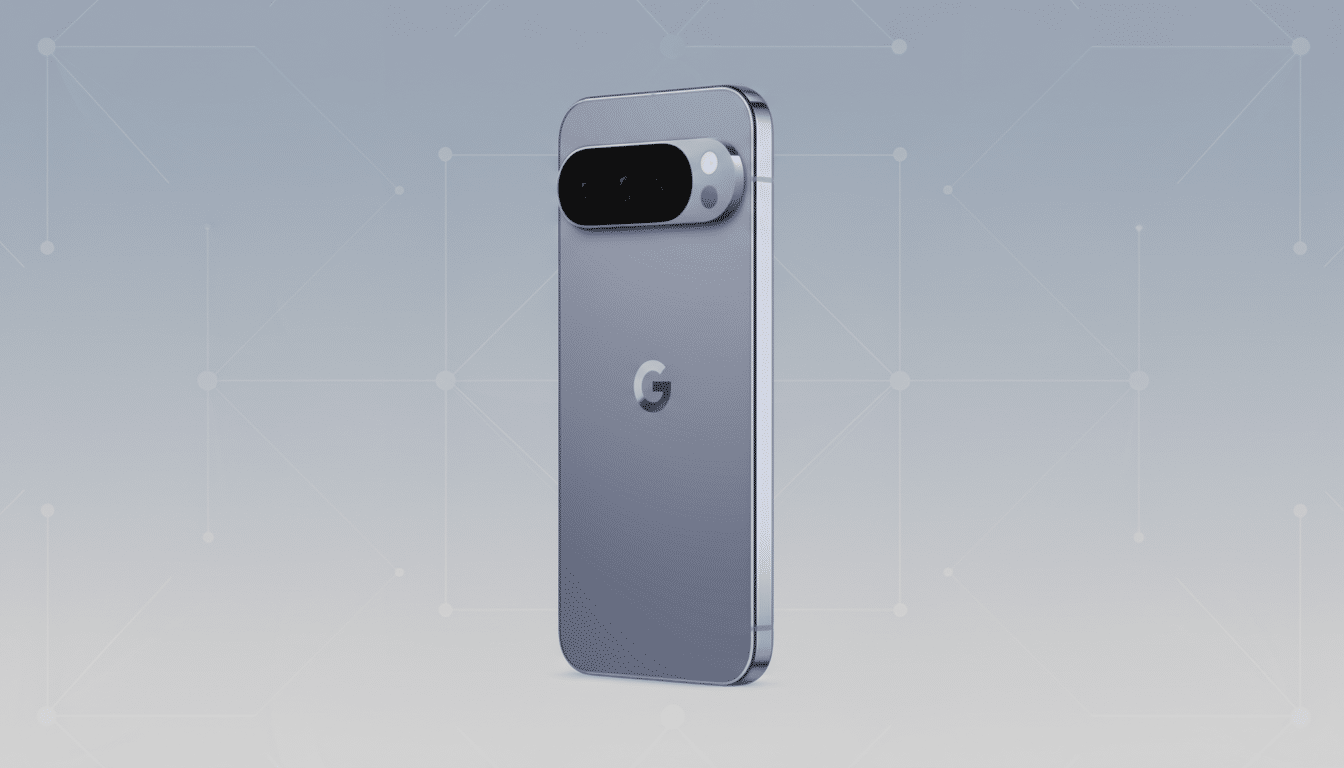 A gray Google Pixel 7 Pro smartphone is shown at an angle against a professional light gray background with subtle geometric patterns.
