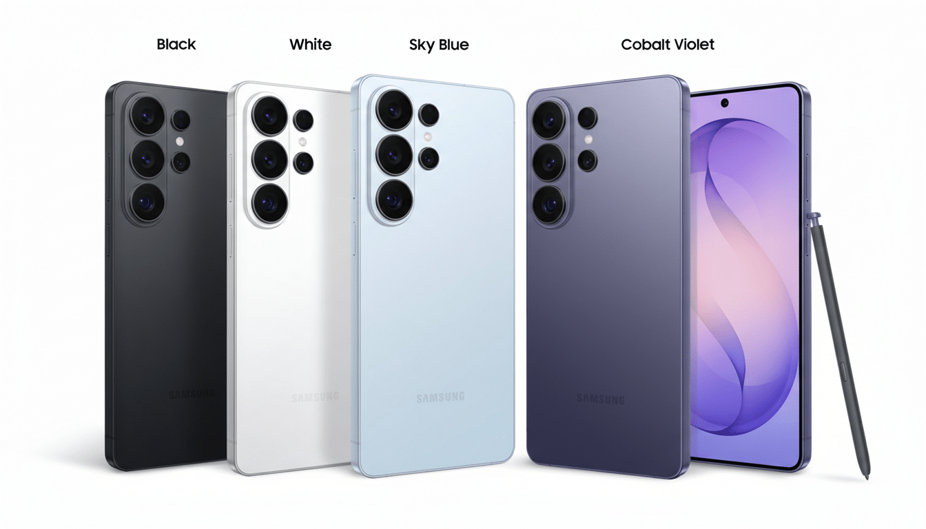 A professional image of five Samsung smartphones in black, white, sky blue, and cobalt violet, with one phone displaying its screen and a stylus.