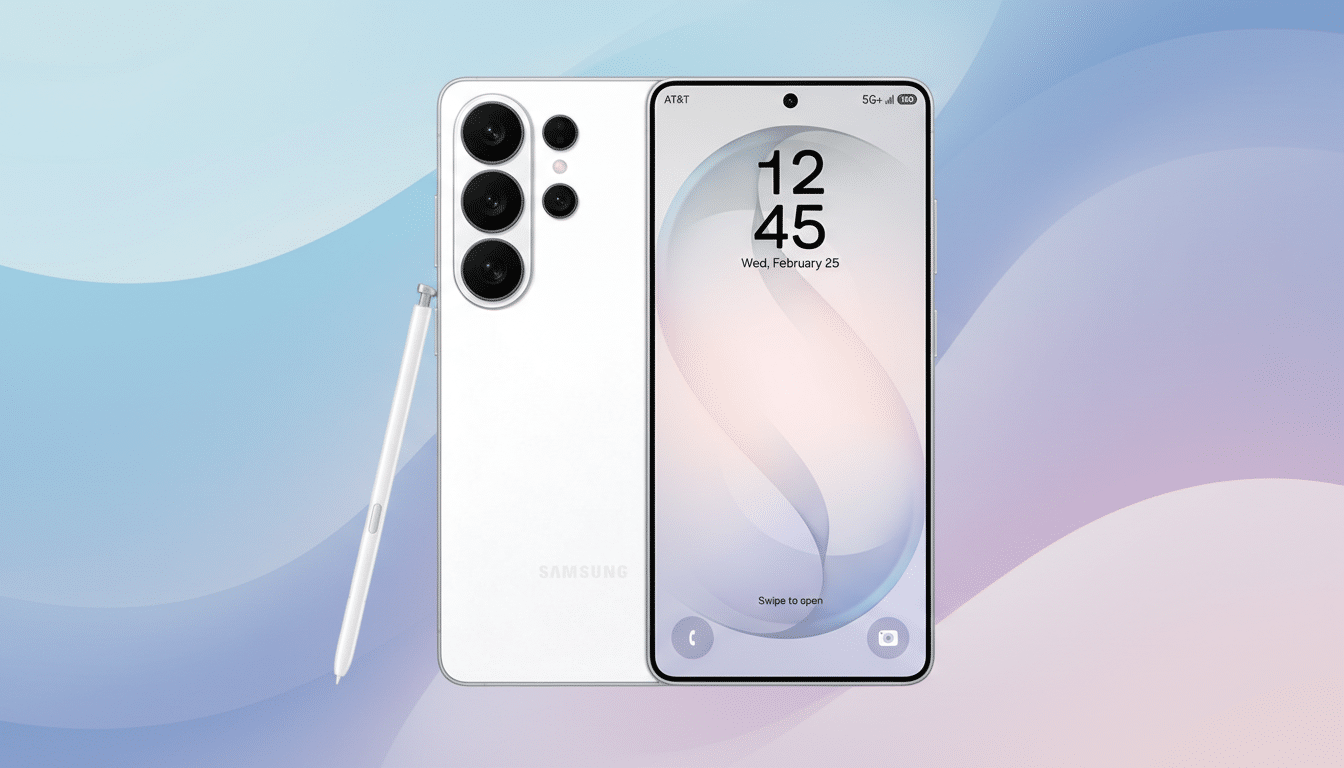 A white Samsung smartphone with its screen displaying the time and date, accompanied by a white stylus, set against a professional flat design background with soft blue and pink gradients.