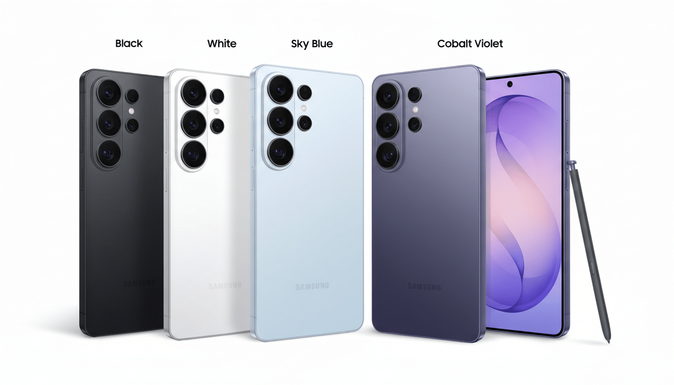 A professional image of five Samsung smartphones in Black, White, Sky Blue, and Cobalt Violet, with one phone displaying a purple-toned screen and a stylus.