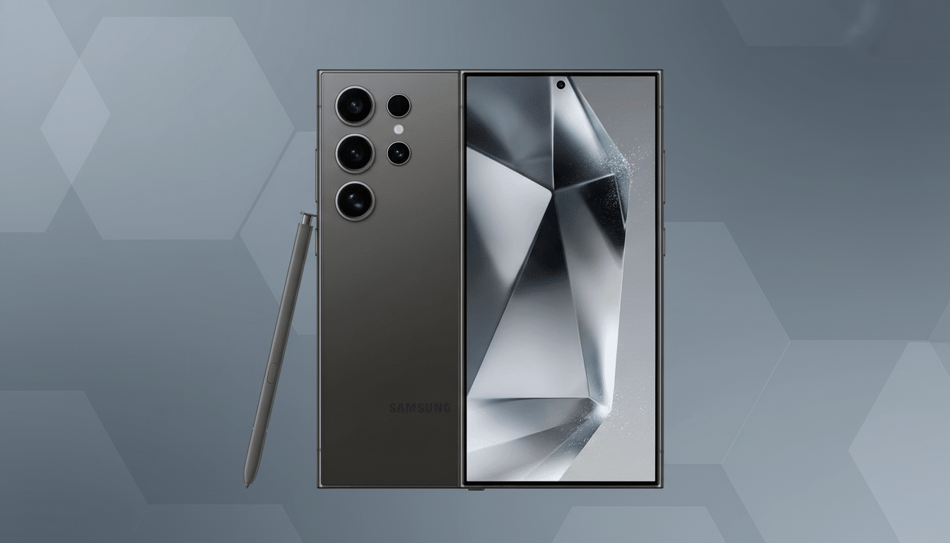 A dark gray Samsung Galaxy S23 Ultra smartphone with its S Pen stylus, presented on a professional gray background with subtle geometric patterns.