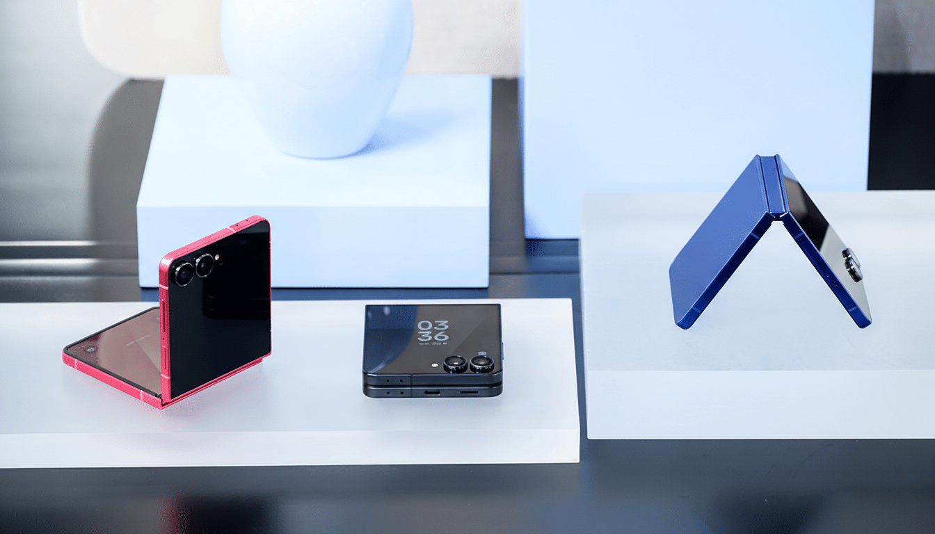 Three Samsung Galaxy Z Flip phones are displayed on white and clear platforms. One red phone is open at a 90-degree angle, one black phone is closed, and one blue phone is open at a 90-degree angle.