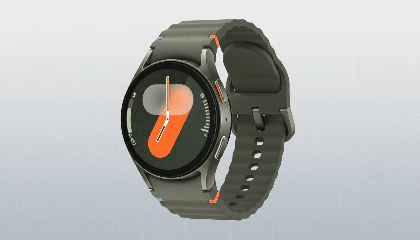 A professional 16:9 aspect ratio image of a dark green smartwatch with an orange and white display, set against a light gray background with a subtle hexagonal pattern.