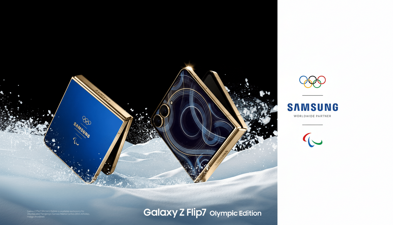 A Samsung Galaxy Z Flip7 Olympic Edition phone, with a blue and gold finish, is displayed on a snowy surface. The phone is partially open, revealing a screen with a swirling light pattern. The Samsung and Olympic logos are visible in the background.