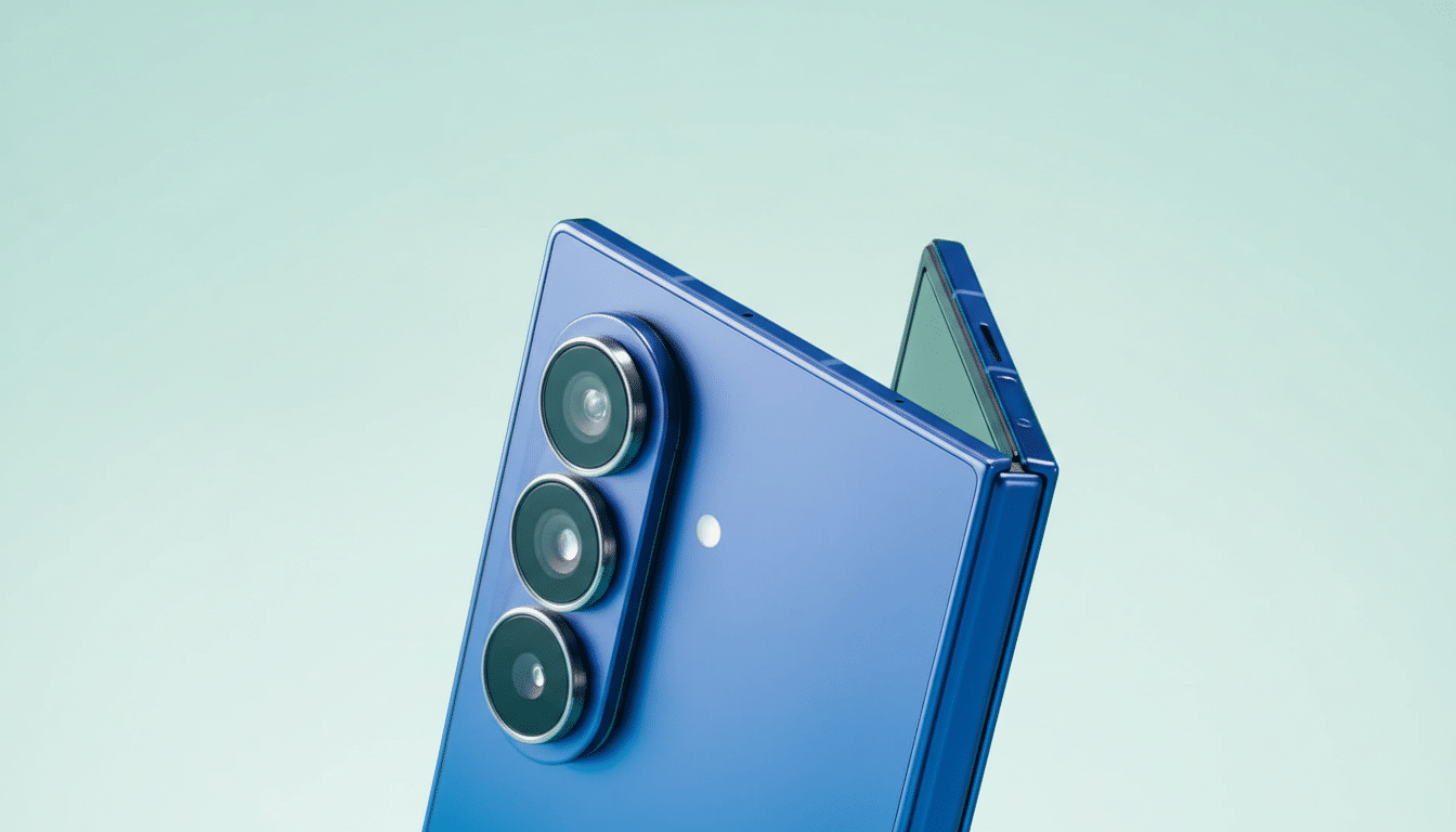 A blue foldable smartphone with three camera lenses on the back, presented against a soft, light blue background.