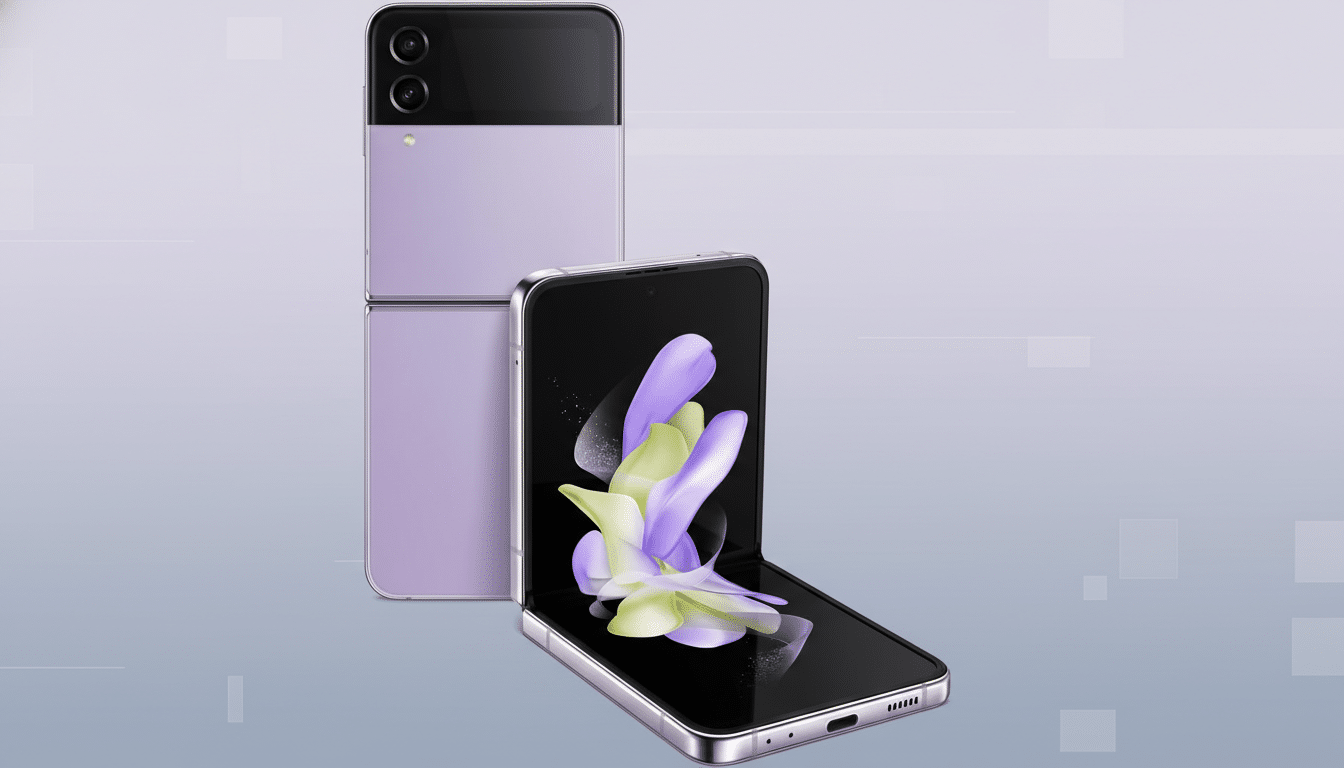 A purple Samsung Galaxy Z Flip 4 smartphone, with one phone folded open to display a floral wallpaper and another phone in the background folded closed, set against a professional flat design background with soft patterns.