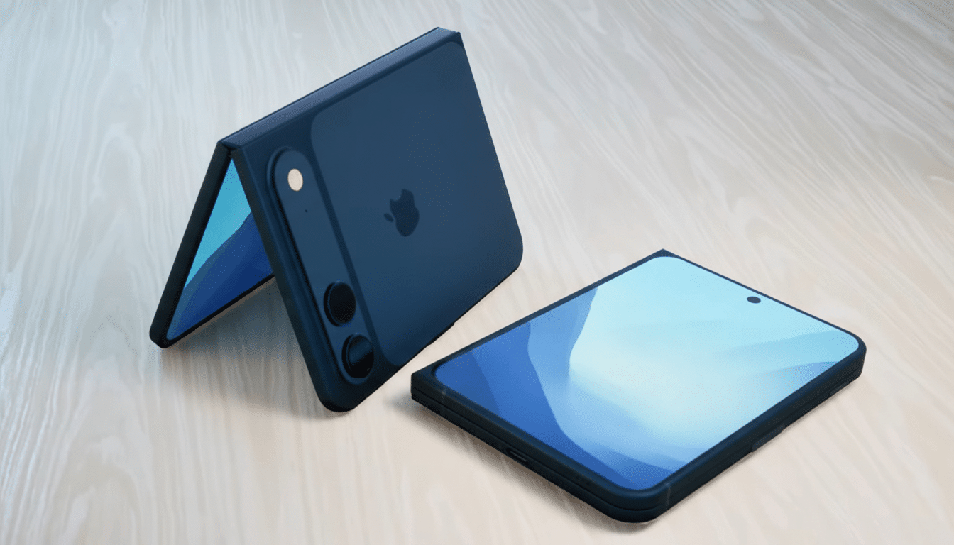 A dark blue foldable smartphone, partially folded and lying flat, on a light wooden surface.