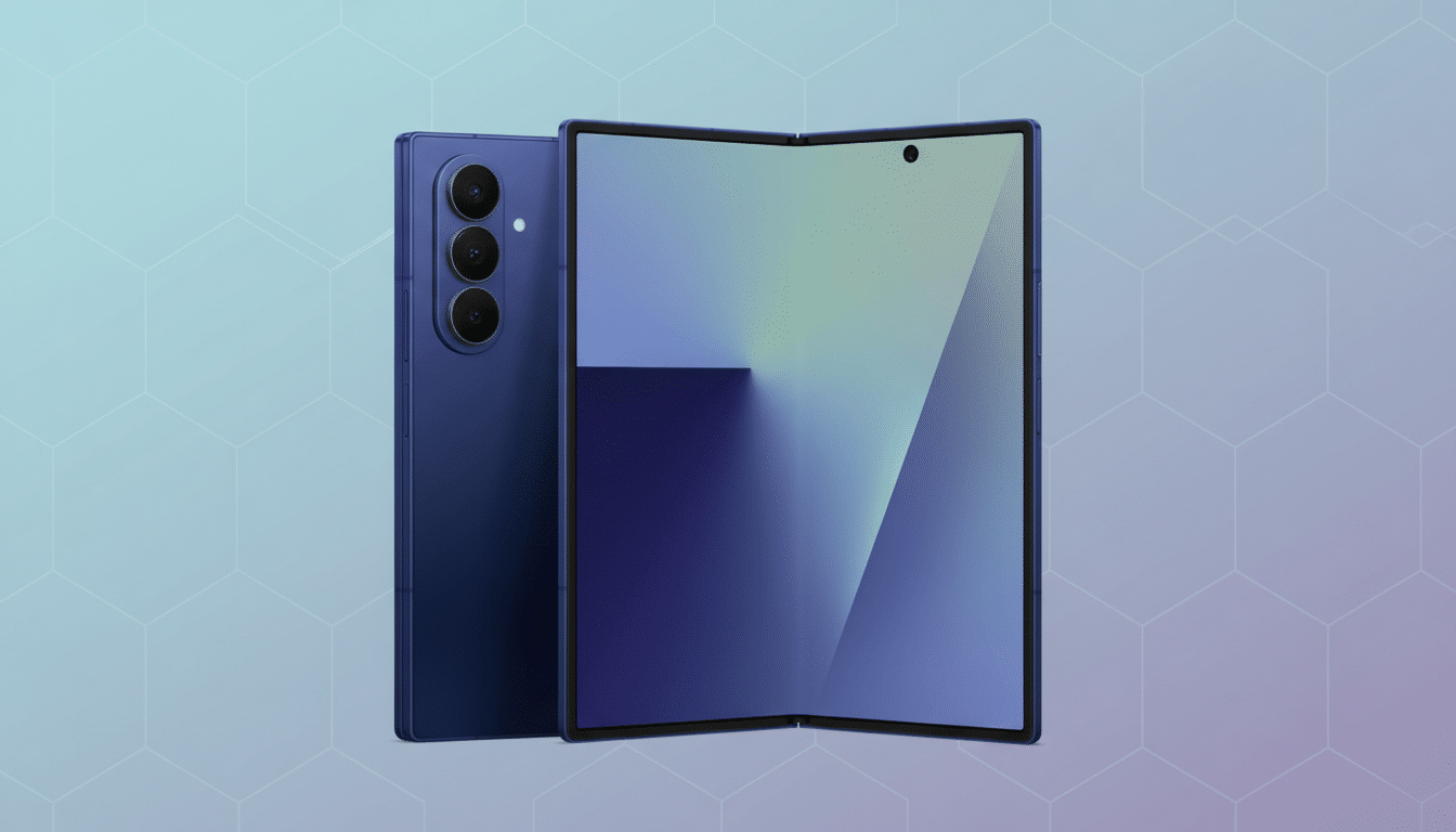 A blue foldable smartphone is displayed in a 16:9 aspect ratio. The phone is partially open, revealing a screen with a blue and green gradient. The back of the phone, featuring a triple camera setup, is visible behind the open screen. The background is a professional flat design with soft patterns and gradients in shades of blue and purple.