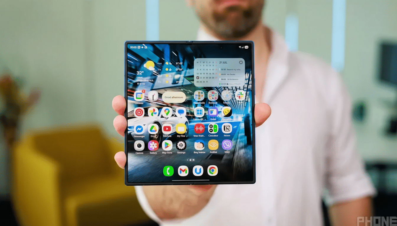 A person holding a foldable smartphone, resized to a 16:9 aspect ratio with the original background maintained.