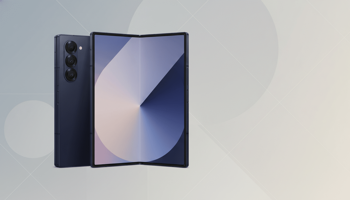 A dark blue foldable smartphone is displayed with its back panel and camera array visible on the left, and its unfolded screen showing a gradient design on the right. The background is a professional flat design with soft patterns and gradients.