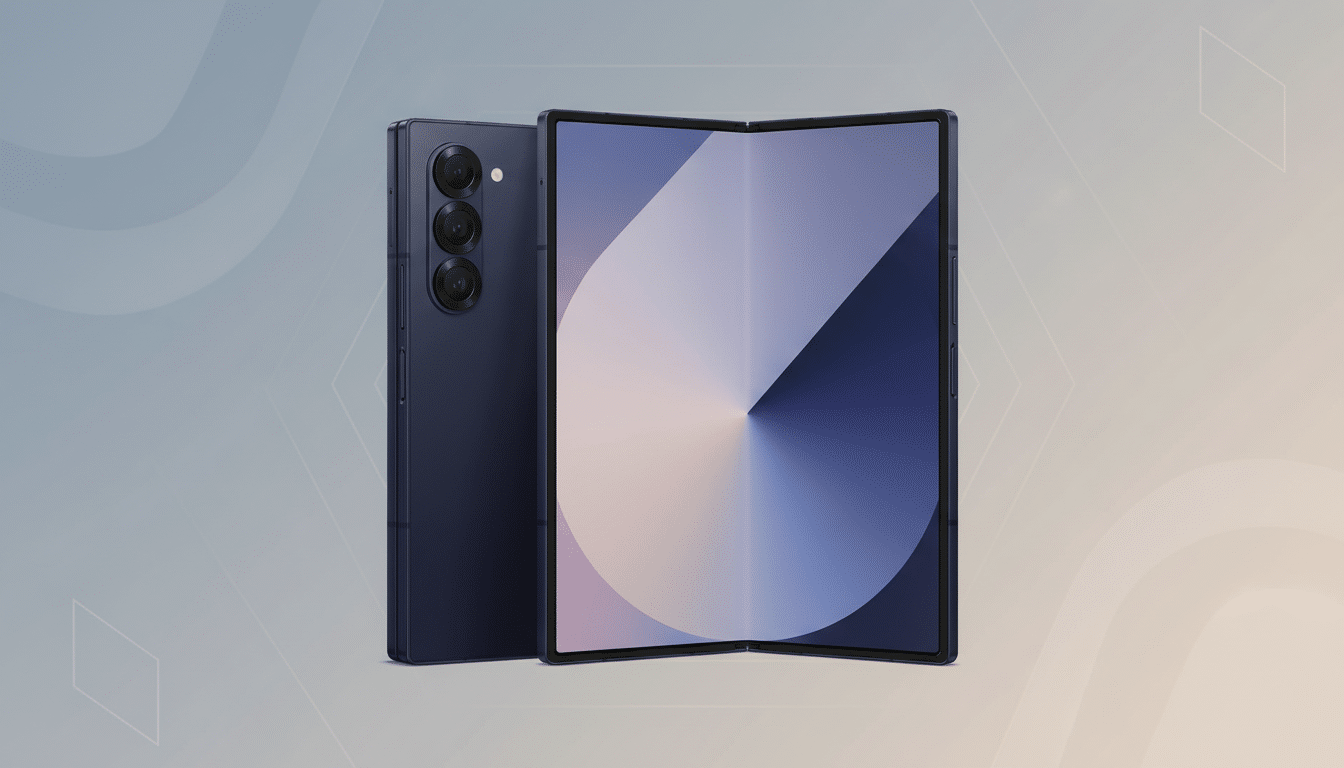 A dark blue foldable smartphone is displayed with its back facing forward and its screen open, showing a gradient wallpaper. The background is a professional flat design with soft patterns and gradients.