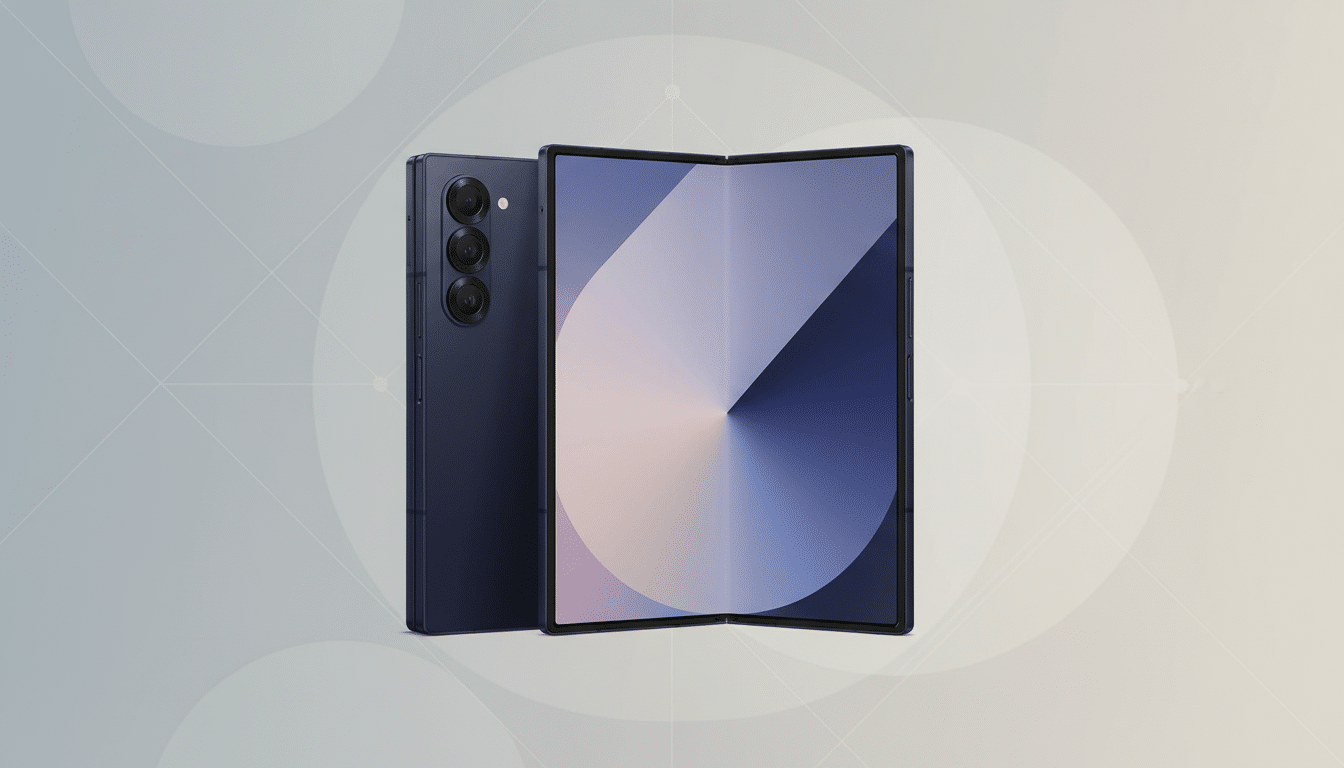 A dark blue foldable smartphone is displayed against a professional flat design background with soft patterns and gradients. The phone is shown both closed, revealing its camera array, and open, displaying a colorful, abstract wallpaper.