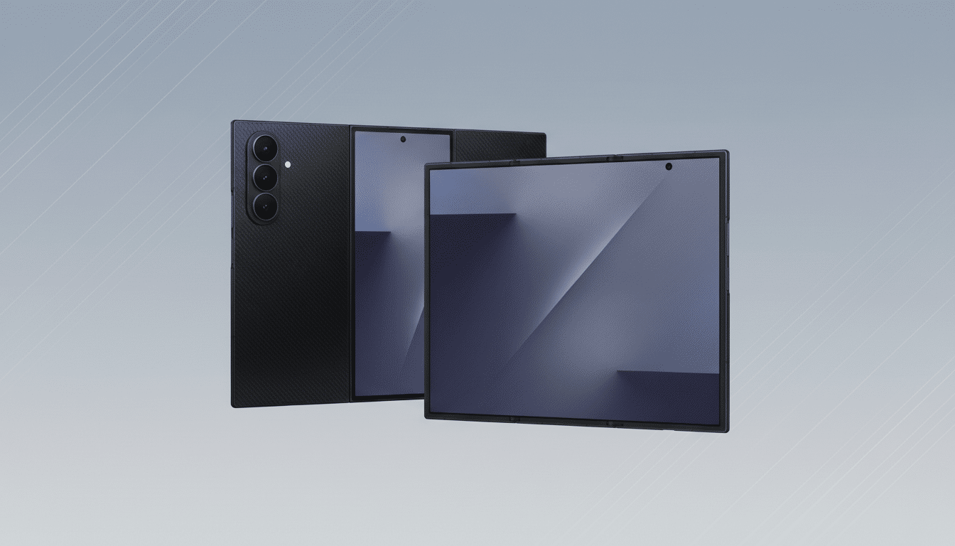 A black foldable smartphone with a textured back and a dark blue screen, presented on a professional flat design background with soft gray gradients and subtle diagonal patterns.