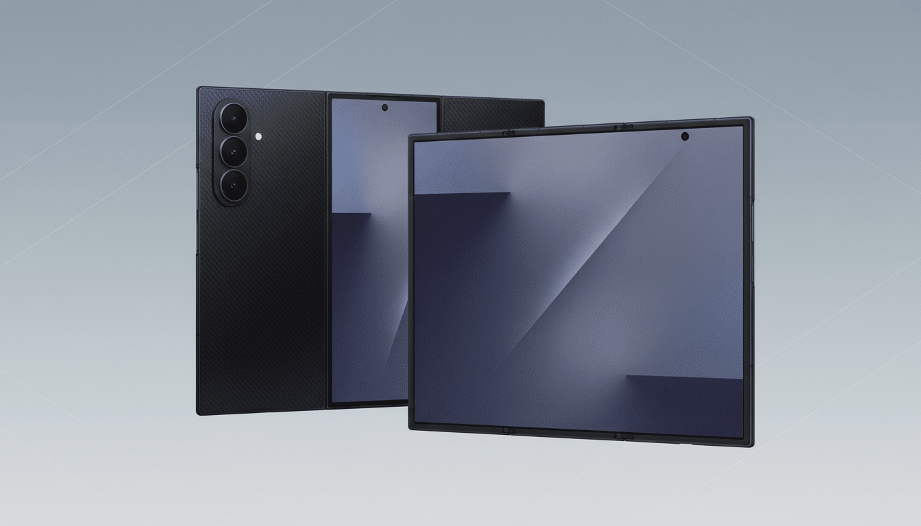 A black foldable smartphone with a textured back and three camera lenses, displayed partially open with a screen showing a blue and purple gradient design, set against a professional flat gray background with subtle diagonal lines.