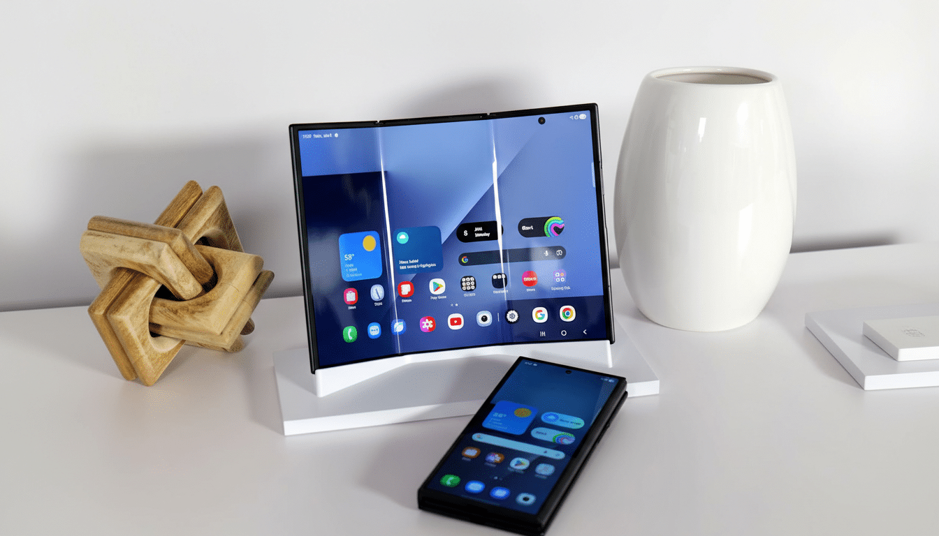 A foldable smartphone displayed in both its unfolded tablet-like form and its folded phone form, resting on a white surface next to a decorative wooden object and a white vase.