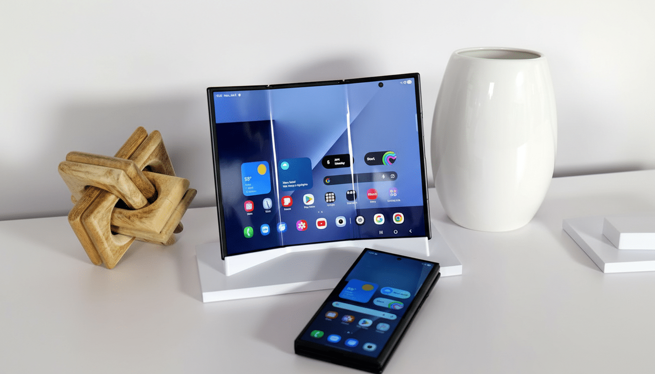 A foldable smartphone displayed in both its unfolded tablet form and folded phone form on a white surface, next to a decorative wooden object and a white vase.