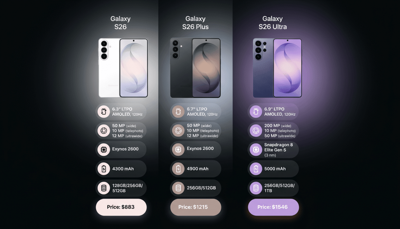 A comparison chart of three Samsung Galaxy S26 phone models: S26, S26 Plus, and S26 Ultra, detailing their screen size, display technology, camera specifications, processor, battery capacity, storage options, and price.