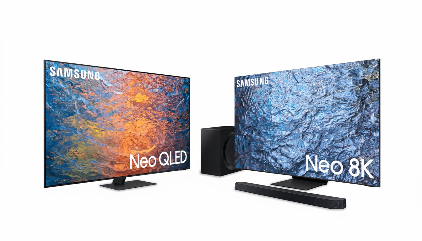 Two Samsung Neo QLED televisions, one 4K and one 8K, displayed with a soundbar and subwoofer, set against a clean white background.