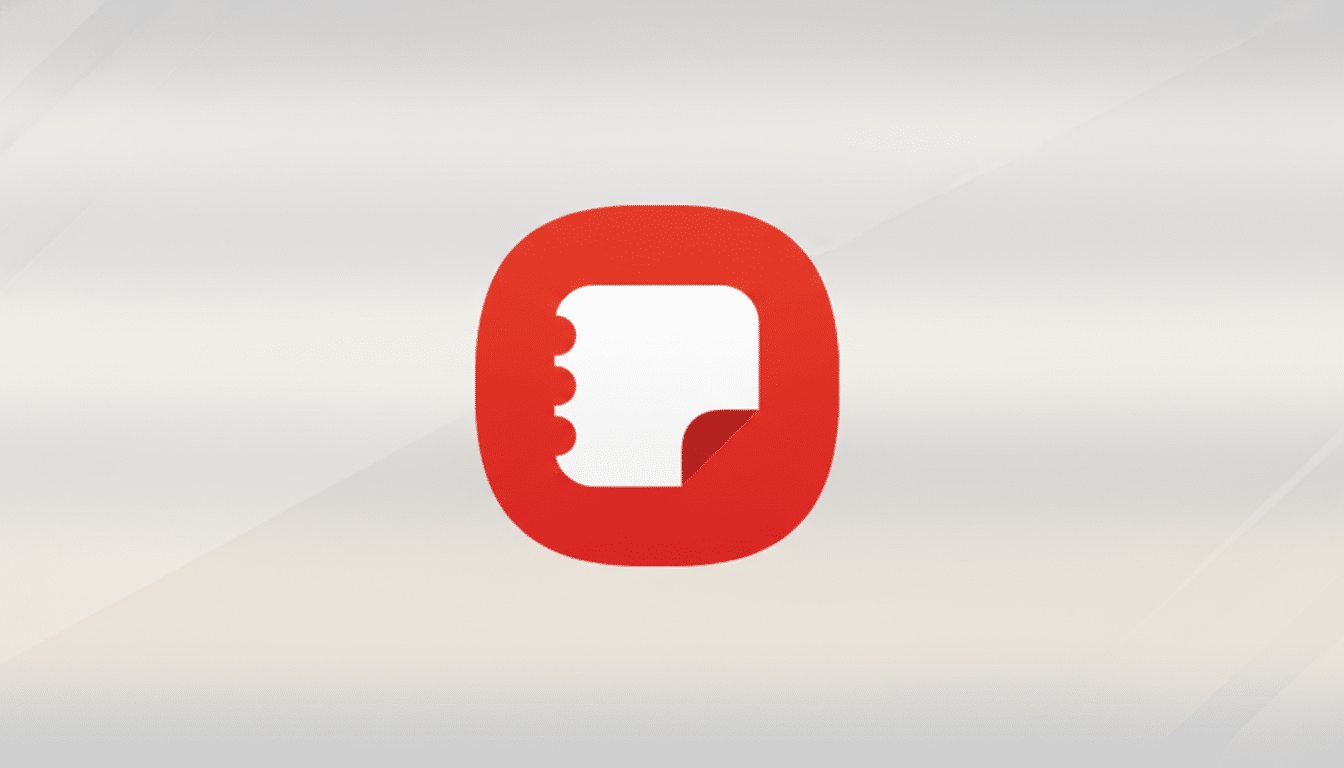 A red, rounded square icon with a white notepad symbol in the center, set against a professional light gray background with subtle diagonal patterns.