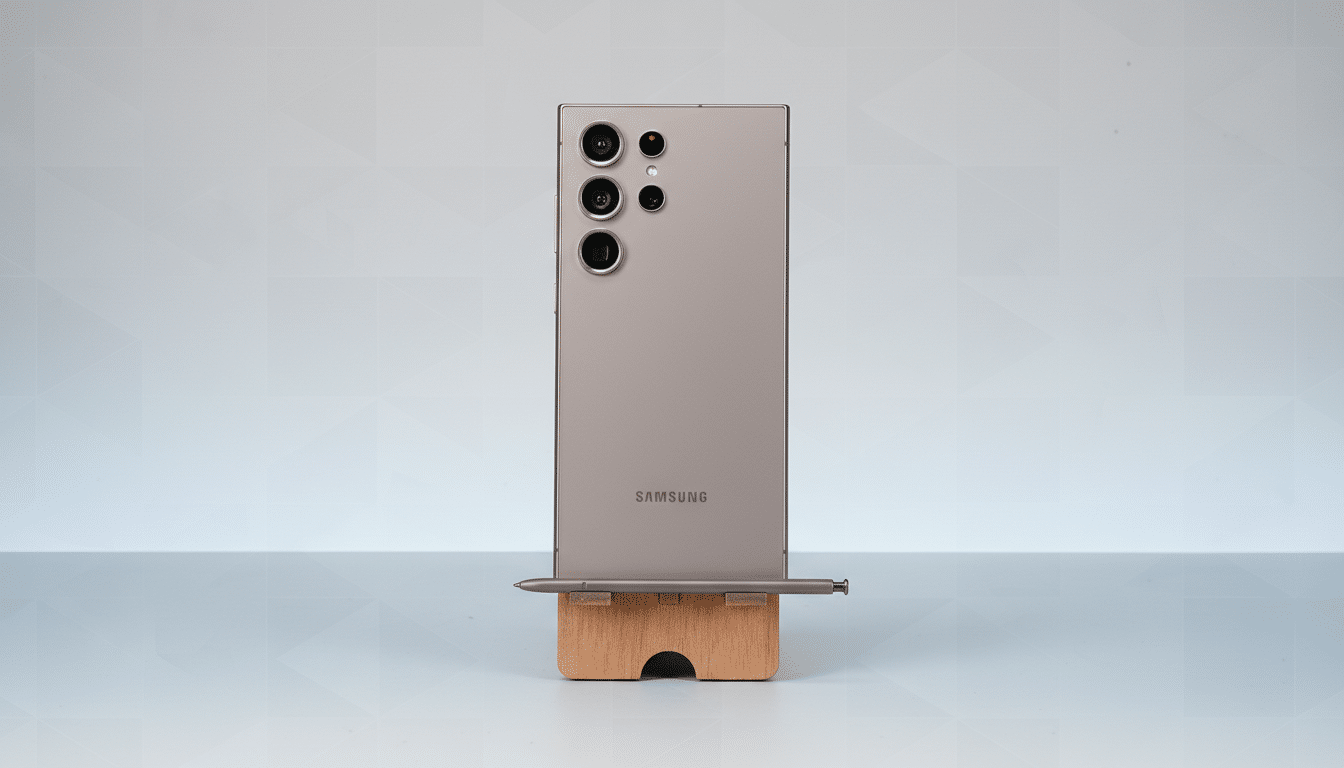 A Samsung smartphone in a wooden stand with a stylus, presented against a professional flat design background with soft patterns.