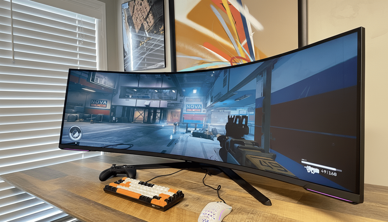 A curved ultrawide gaming monitor displaying a first-person shooter game, with a game controller, a custom mechanical keyboard, and a gaming mouse on a wooden desk.