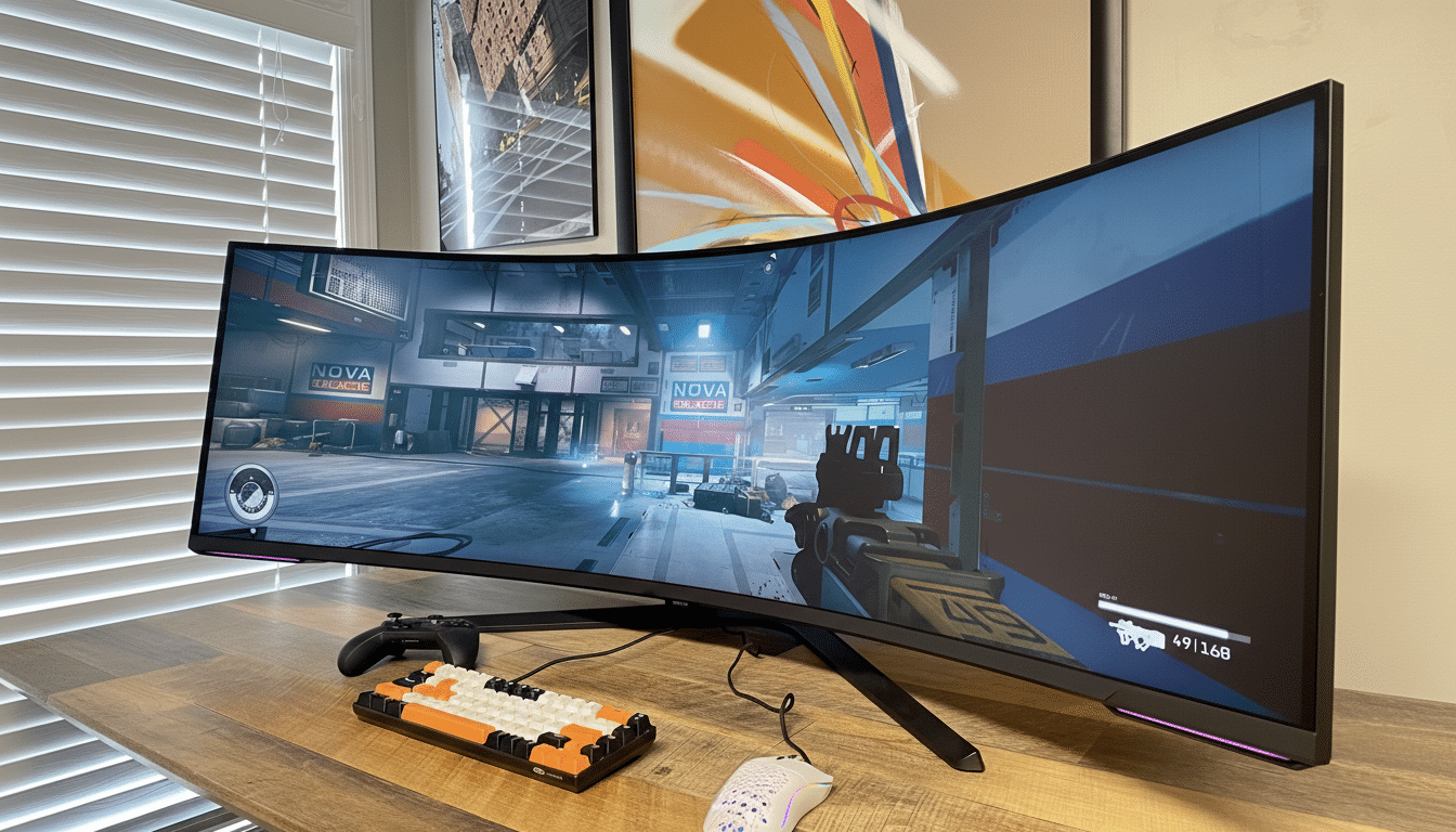 A curved gaming monitor displaying a first-person shooter game, with a controller, keyboard, and mouse on a wooden desk.