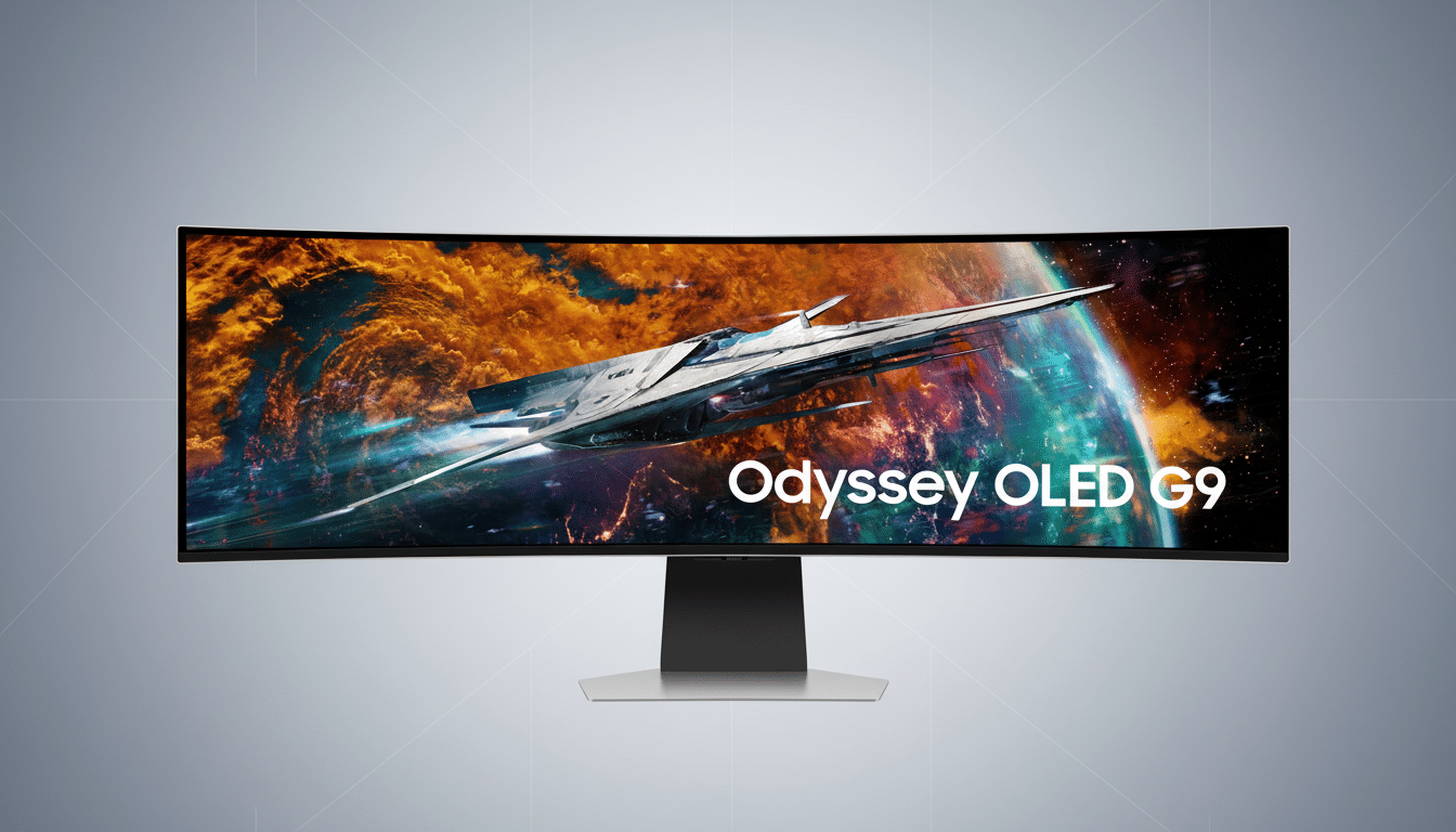 A Samsung Odyssey OLED G9 monitor with a curved screen displaying a spaceship flying through space, set against a professional gray gradient background.