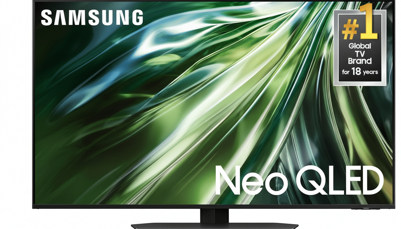 A Samsung Neo QLED TV with a green and white abstract design on the screen, and a Global TV Brand for 18 years badge in the top right corner.