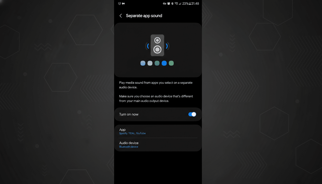 A screenshot of a smartphones Separate app sound settings, showing options to play media sound from selected apps on a separate audio device. The background has been updated to a professional flat design with soft patterns.