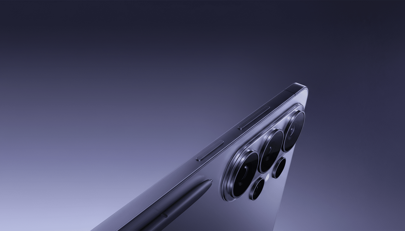 A close-up, professional shot of a modern smartphone with multiple camera lenses and a stylus, set against a gradient purple background.