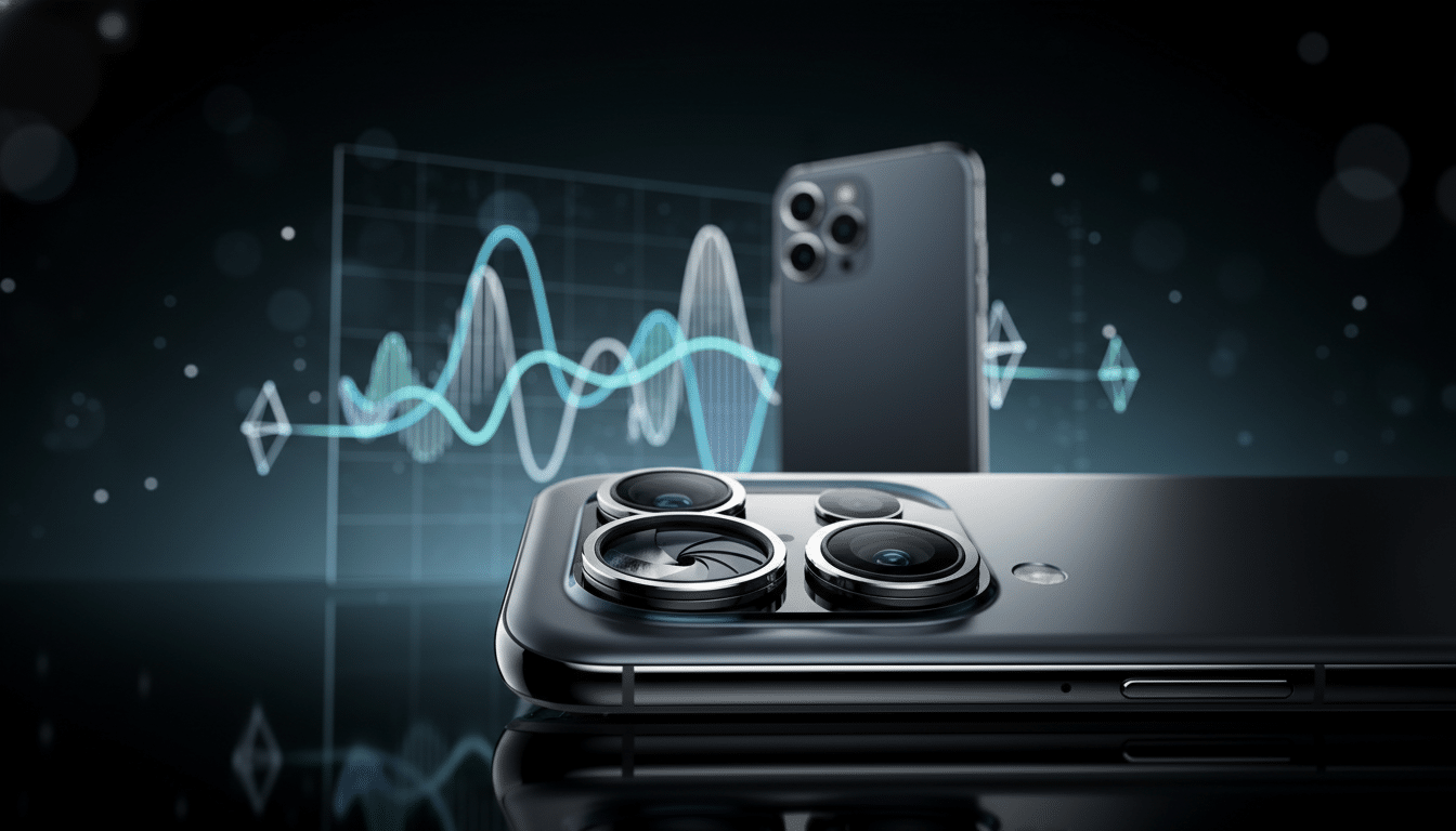 A professional image of a smartphone with a triple-lens camera system, presented in a 16:9 aspect ratio. The phone is dark gray with metallic edges, lying on a reflective surface. In the background, another smartphone stands upright, slightly out of focus, with a blue and green waveform graph overlaid. The overall aesthetic is sleek and modern, emphasizing the phones camera technology.