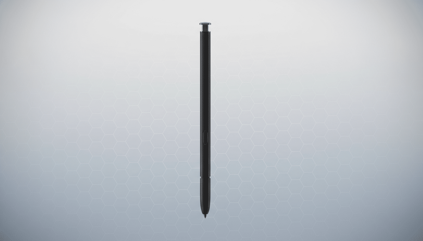 A black stylus pen centered on a professional flat design background with soft gray gradients and subtle hexagonal patterns.