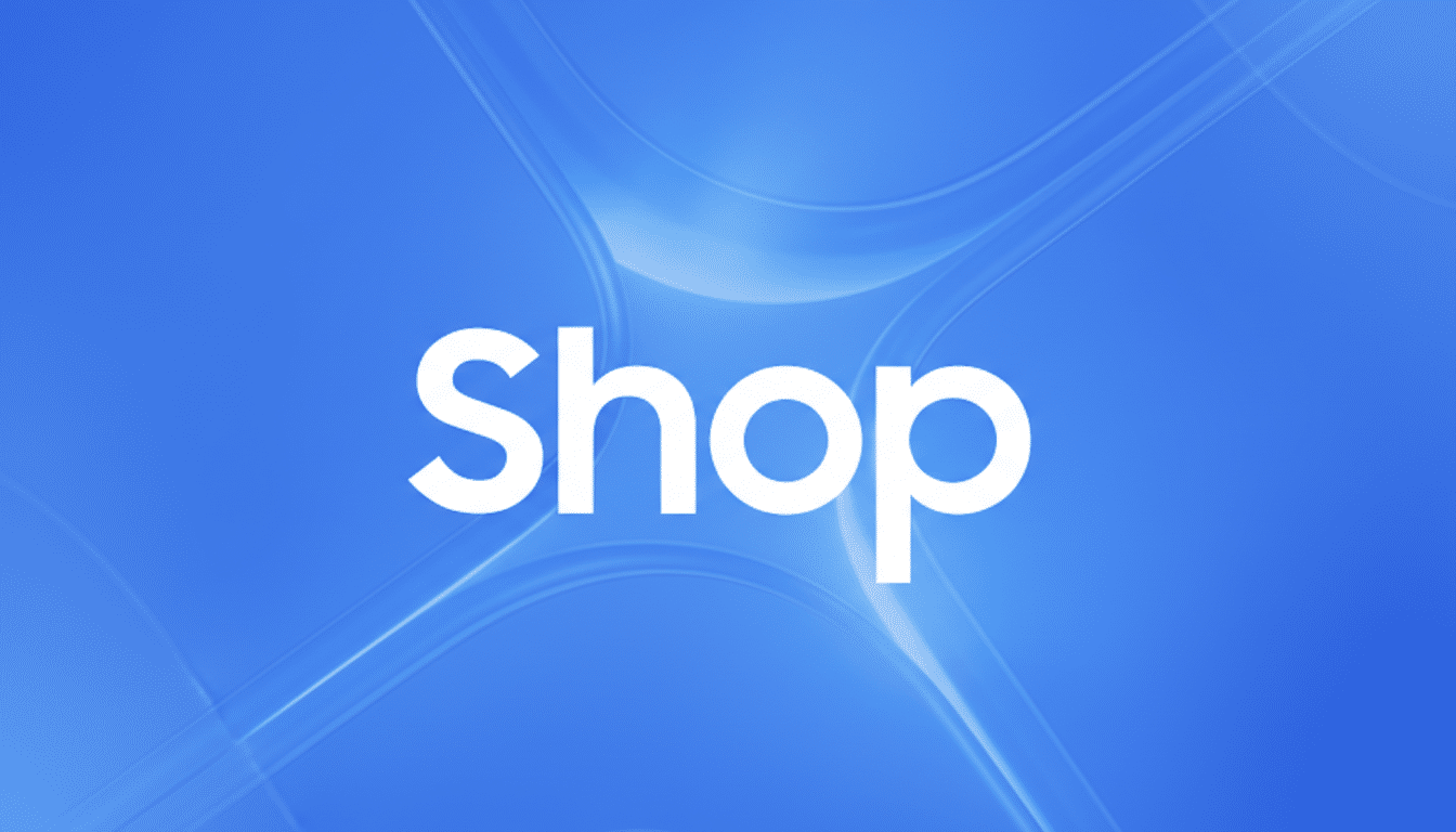 The word Shop in white text on a blue background with subtle, light blue abstract patterns.