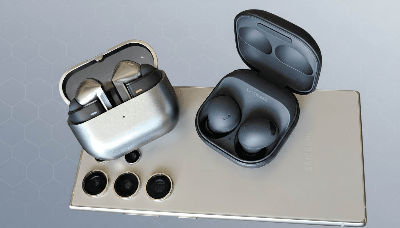 Two pairs of wireless earbuds, one silver and one black, resting on a silver smartphone.