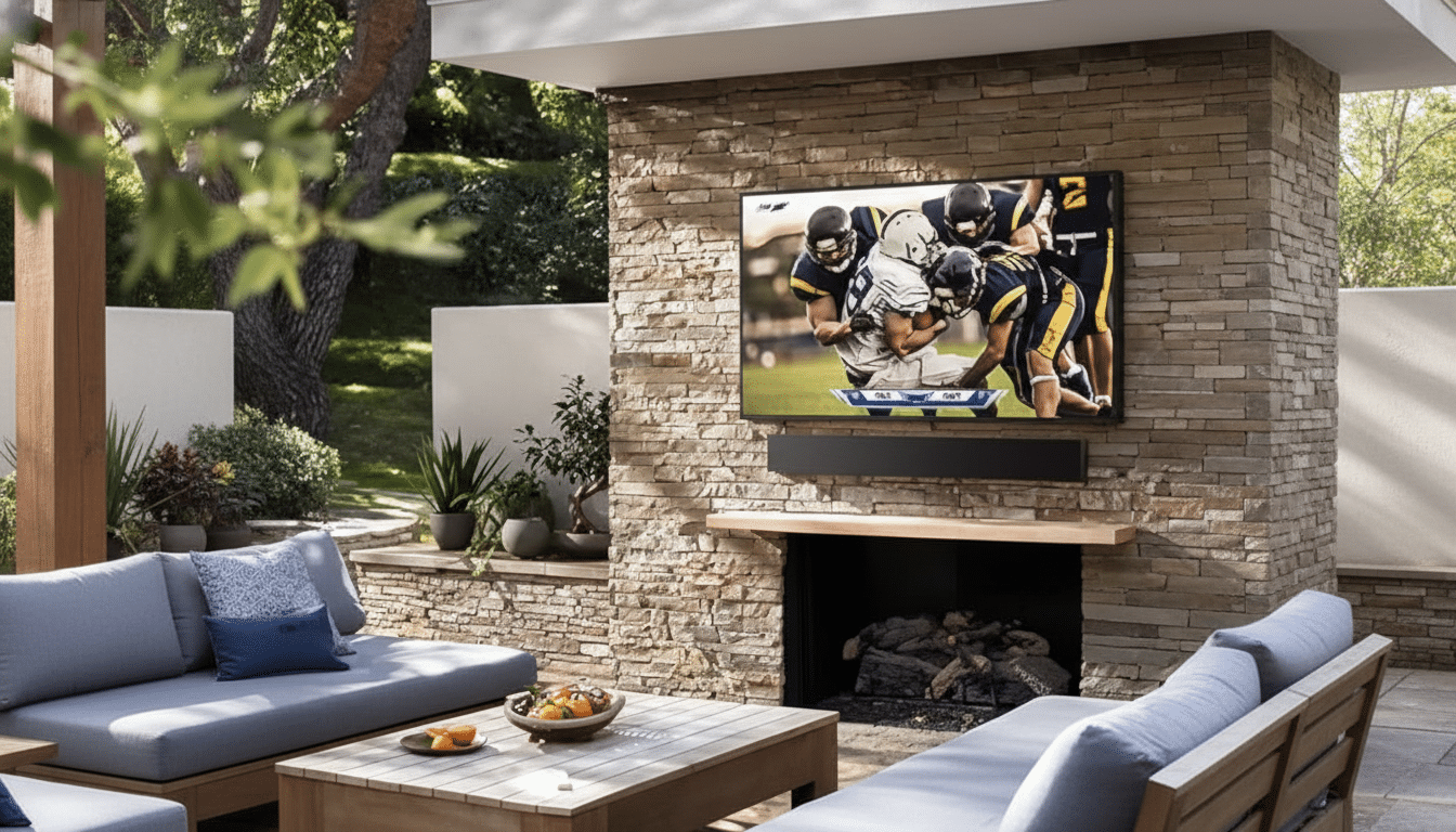 An outdoor living area with a large TV mounted on a stone wall above a fireplace, displaying a football game.