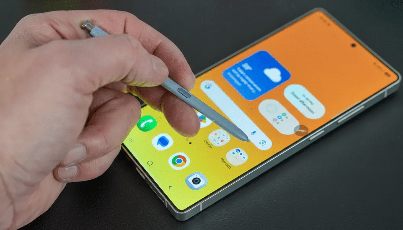 A hand holding a stylus, interacting with a smartphone screen displaying various app icons and widgets.
