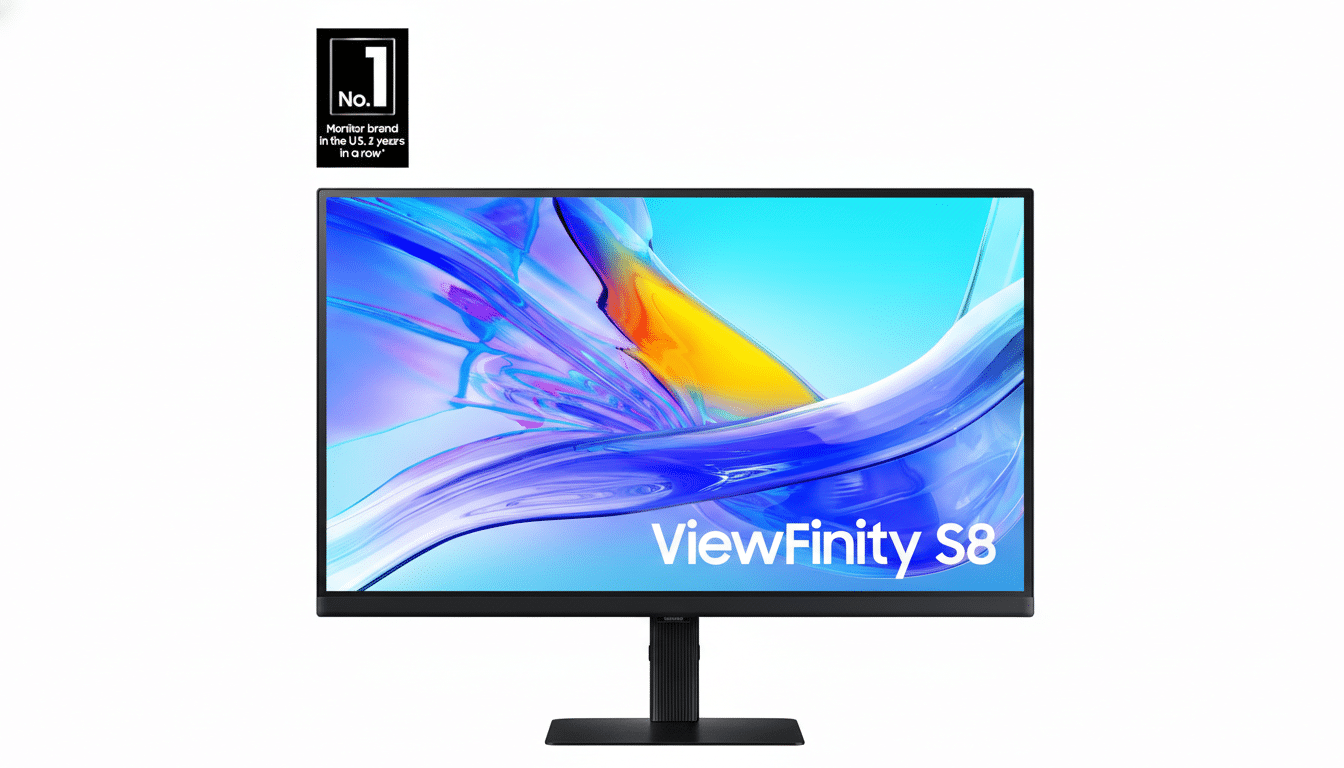 A Samsung ViewFinity S8 monitor with a colorful abstract wallpaper, set against a clean white background. A No. 1 Monitor brand in the U.S. 2 years in a row badge is in the top left corner.