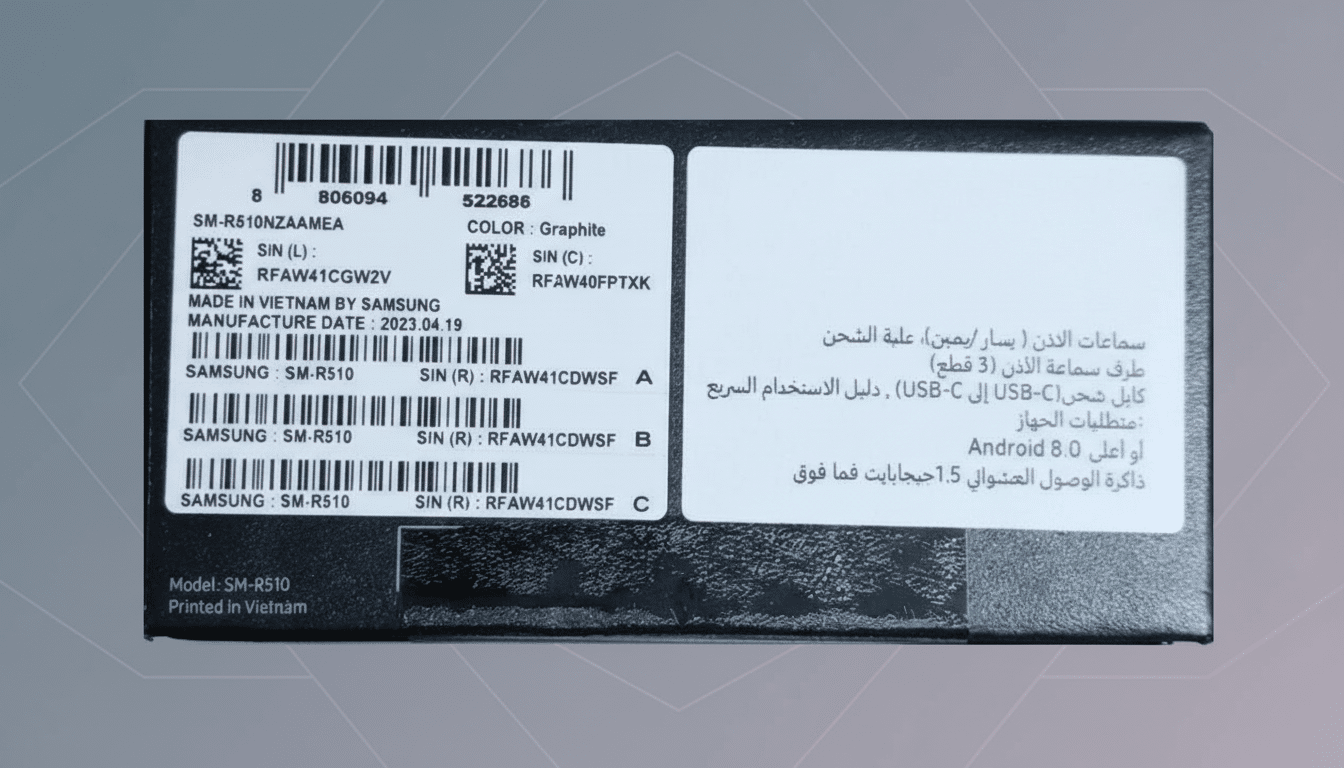 A Samsung product box with a professional flat design background.