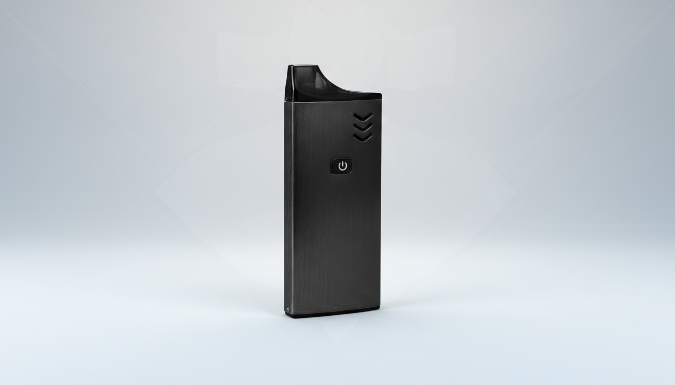 A sleek, black rectangular device with a power button and three chevron-like indicators on its side, presented against a professional light gray background with subtle geometric patterns.