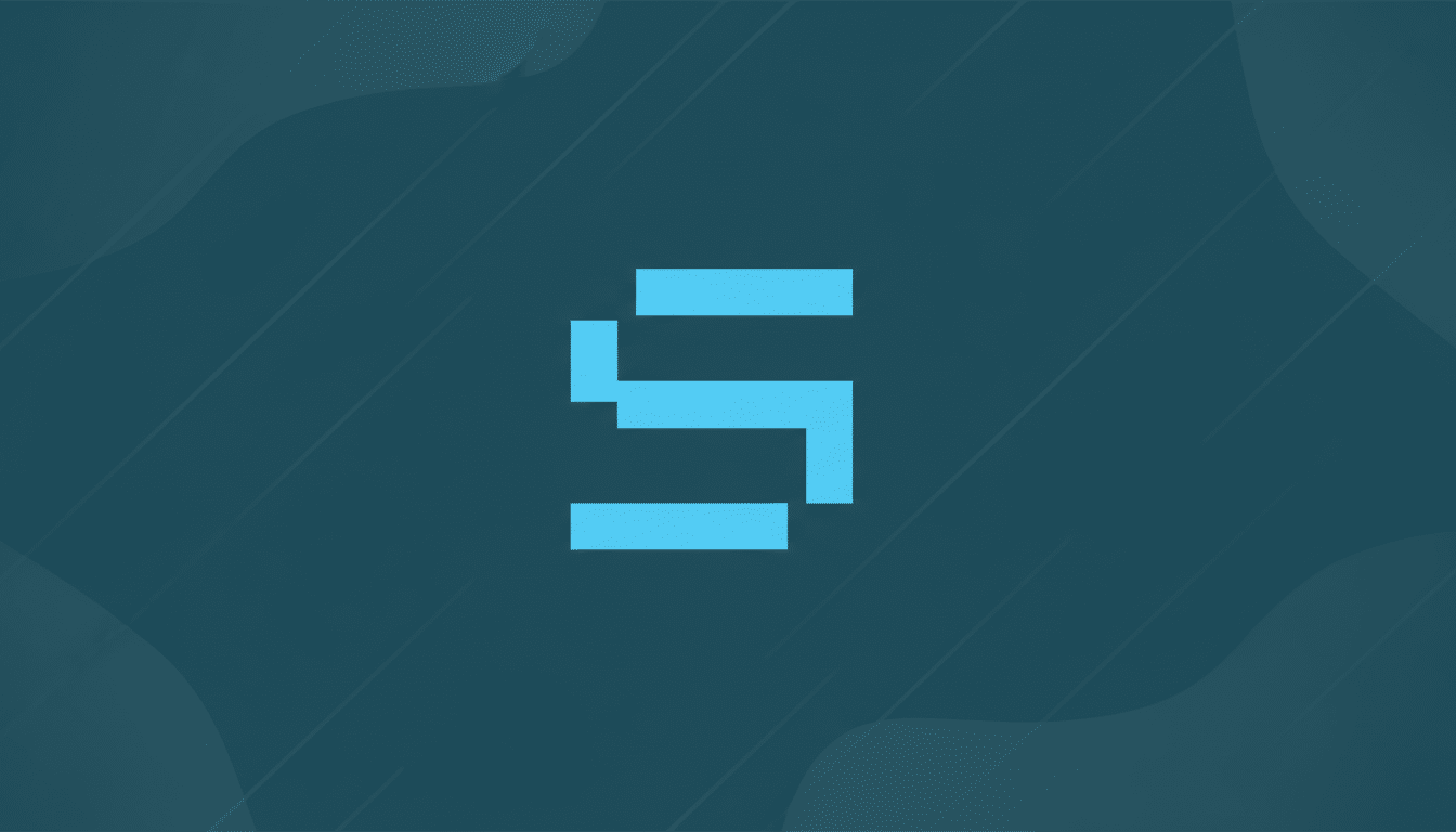 A light blue pixelated letter S on a dark teal background with subtle, wavy patterns.
